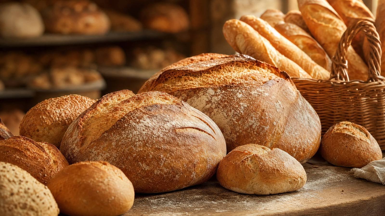 Fresh loaves on a bakery bench